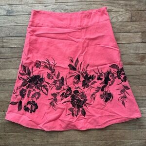 Lily Stanhope Linen Skirt Floral Embroidered Sz 8 Pink A-line Boho‎ Coastal